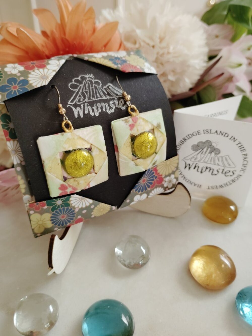 Origami Tile Paper Earrings Peridot Green/Gold Foil Glass Cab Handmade OAK